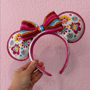 Disney Pink Floral Embroidered Minnie Ears Headband with Multi-Color Striped Bow